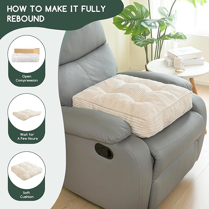 HIGOGOGO Tufted Corduroy Recliner Seat Cushion for Elderly, High Density Foam Large Square Seat Cushion for Recliner Chair, Floor Pillow, Office Chair, Car, No Pressure on Thighs, 20x20x4