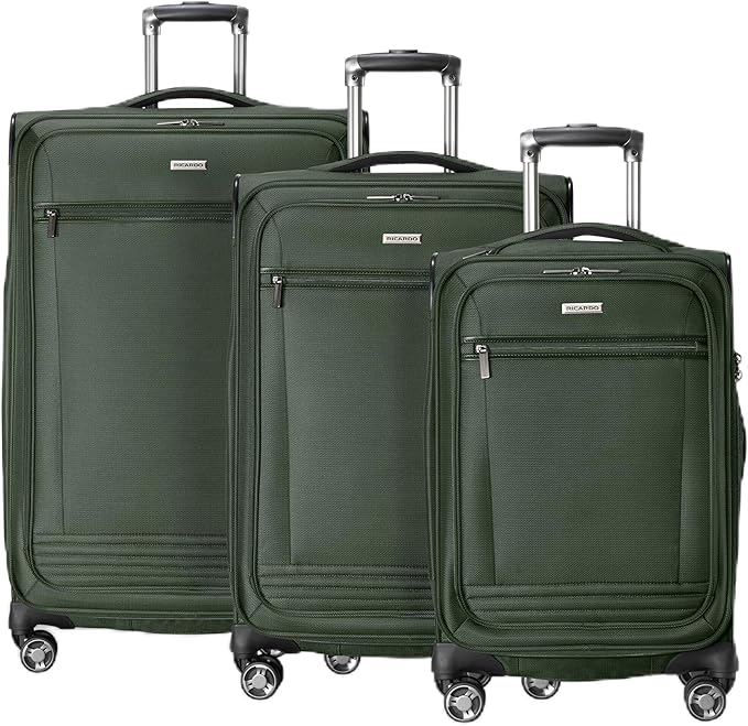 Ricardo Beverly Hills Avalon Softside 3-Piece Luggage Set Made with Sustainable 100% Recycled PET (rPET), Lightweight, Eco-Friendly Travel, Expandable, Dual Spinner Wheels, Juniper Green