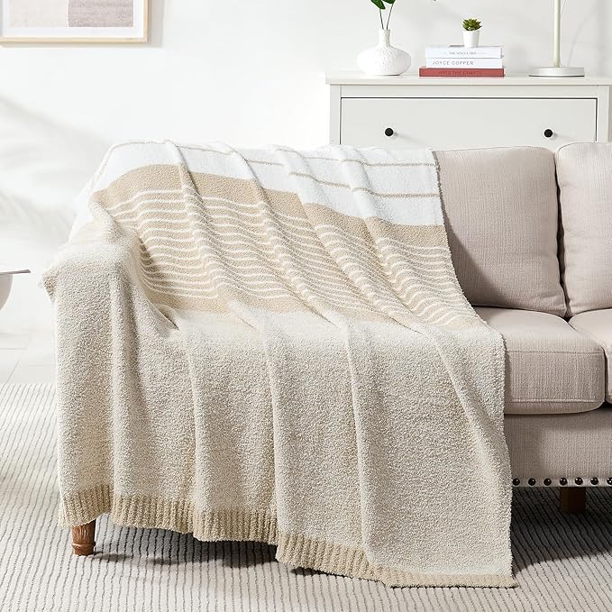 Throw Blanket, Taupe White Soft Cozy Fluffy Striped Throw Blankets for Couch, Sofa, Bed, Chair, Warm Fuzzy Plush Lightweight Decorative Stripe Blanket, 50x60 inches