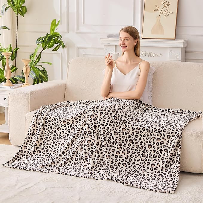 Leopard Print Blanket Fleece Throw for Bed Sofa Travel and Camping, Super Soft Cozy Fluffy Plush Cheetah Print Blanket for All Seasons 60"x80" (Cream)