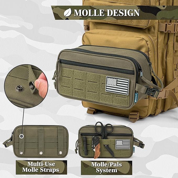 PAVILIA Tactical Toiletry Bag for Men, Travel Hygiene Bag, Military Gear Dopp Kit, Water Resist Molle Accessories Pouch, Mens Shaving Essentials, Gym Bathroom Shower Small Toiletries Tool EDC, Olive