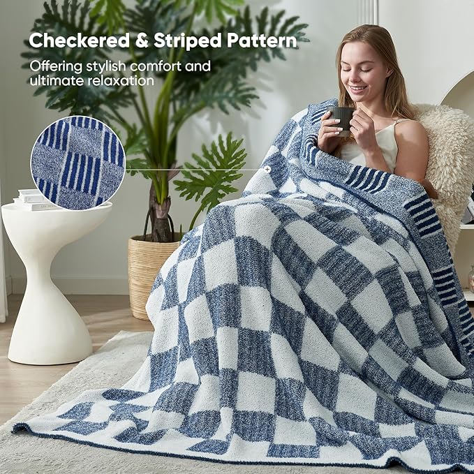 Snuggle Sac Navy Checkered Faux Fur Throw Blanket for Couch, Knitted with Microfiber Fancy Yarn Blanket, Reversible Soft Cozy Blankets for Sofa Bedroom,Heather Navy,50x60 inches