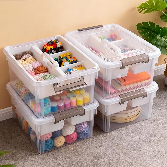 Citylife 17 QT Plastic Storage Bins Clear Storage Box with Removable Tray Stackable Latching Box with Handle for Oraganizing Tool, Craft, Office, Orange