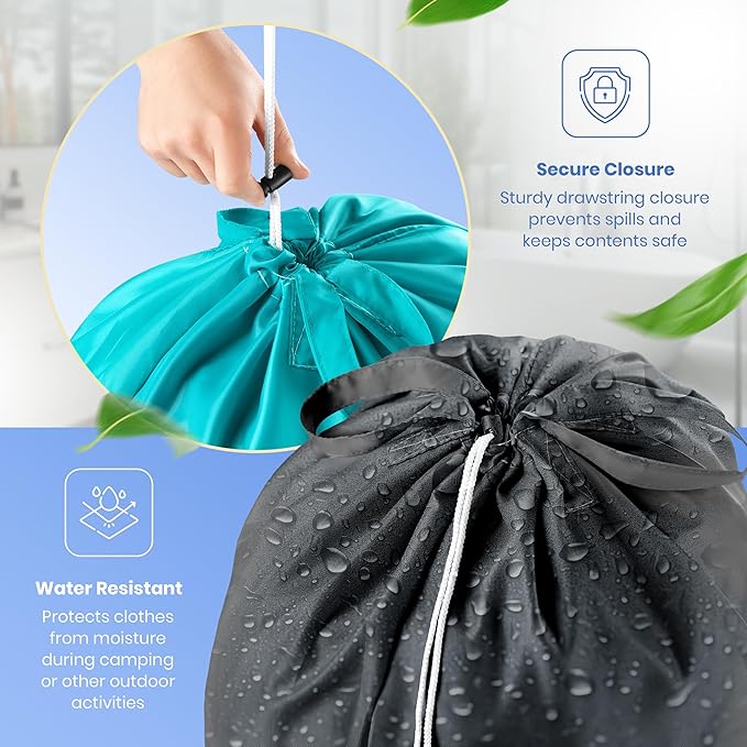 Extra Large Travel Laundry Bag - 2-Pack Fun Print Design Bags for Dirty Clothes - Durable Water-Resistant Fabric - Sturdy Drawstring Closure (Teal-Grey | Wash Dry Repeat)