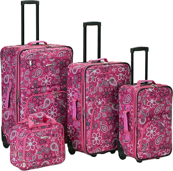 Rockland Impulse 4-Piece Softside Upright Luggage Set, Pink Bandana, 4-Piece Set (14/19/24/28)