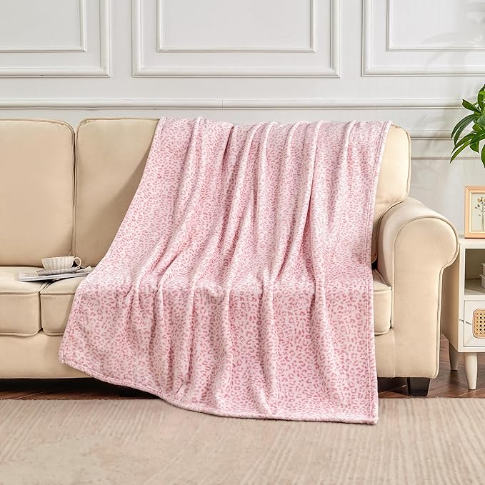 Leopard Print Blanket Fleece Throw for Bed Sofa Travel and Camping, Super Soft Cozy Fluffy Plush Cheetah Print Blanket for All Seasons 50"x60" (Light Pink)