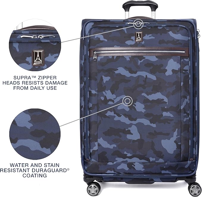 Travelpro Platinum Elite Softside Expandable Checked Luggage, 8 Wheel Spinner Large Suitcase, TSA Lock, Men and Women, Navy Camouflage, Checked Large 29-Inch