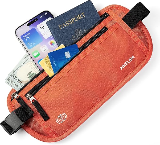 RFID Blocking Money Belt - Passport Holder & Travel Wallet, Slim Hidden Fanny Packs for Women Men - Orange
