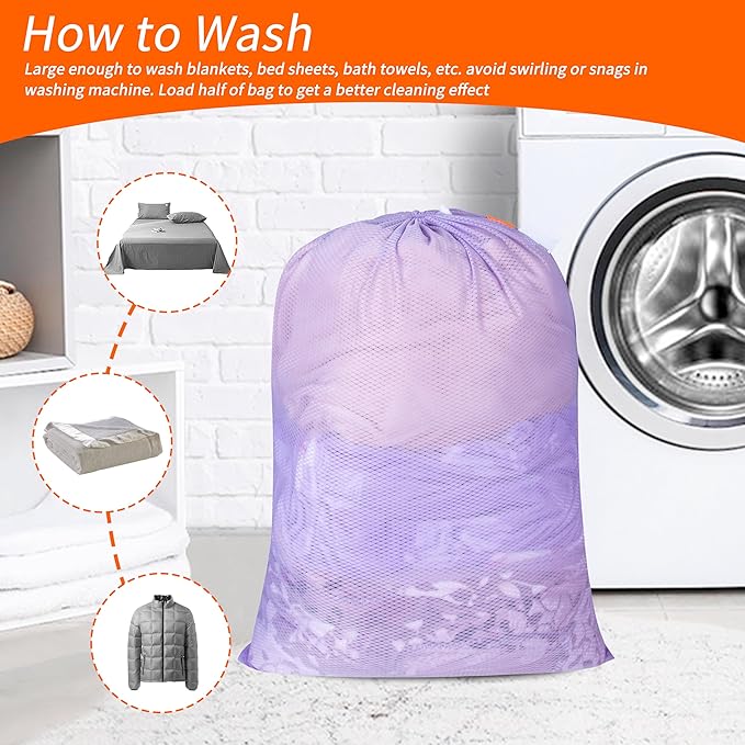 Polecasa Heavy Duty Large Mesh Laundry Bags with ID Tag and Locking Drawstring Closure - 2 Pack, 24 x 36 inches - Laundry Hamper Liner, Washable Laundry Bag for Travel, Sports, Dorms (Purple)