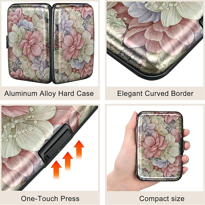 ELFISH Mini RFID Aluminum Wallet Credit Cards Holder Business Card Case Metal ID Case for Men Women（Happy Flower