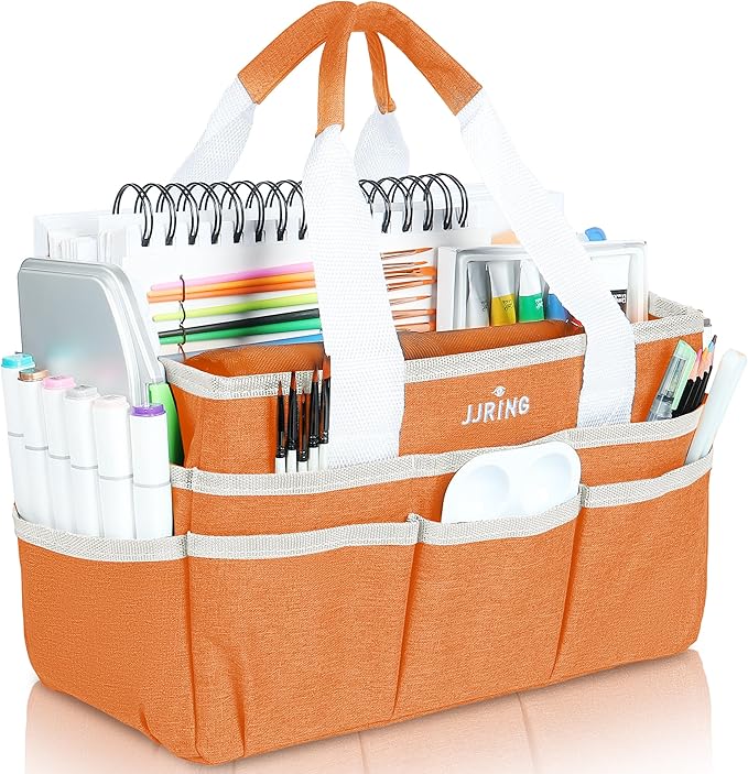 JJRING Craft Organizer Tote Bag, Art Storage Caddy with Multiple Pockets, Orange Sewing Bag for Art, Craft, Scrapbooking, School, Medical, and Office Supplies Storage