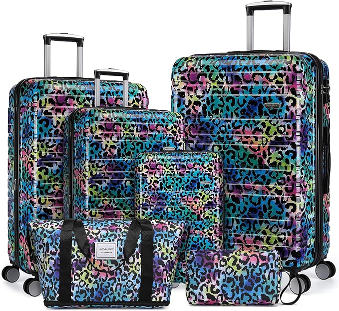 LARVENDER Luggage Sets 6 Piece, Expandable Luggage Hardside PC+ABS Leopard Suitcase Sets with Spinner Wheels TSA Lock, Lightweight Rolling Suitcase for Men and Women, Leopard Multicolor