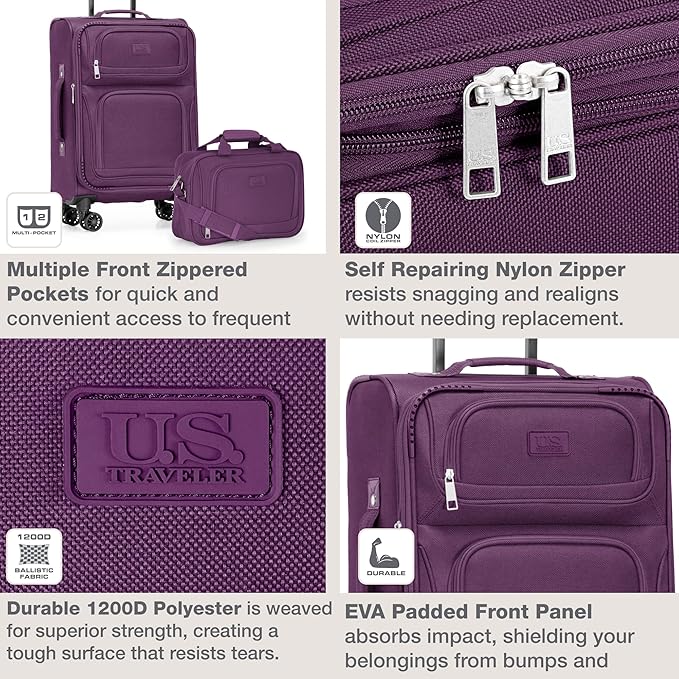 U.S. Traveler Rio Lightweight Softside Rolling Carry-on Suitcase, 4-Wheel Single, Purple