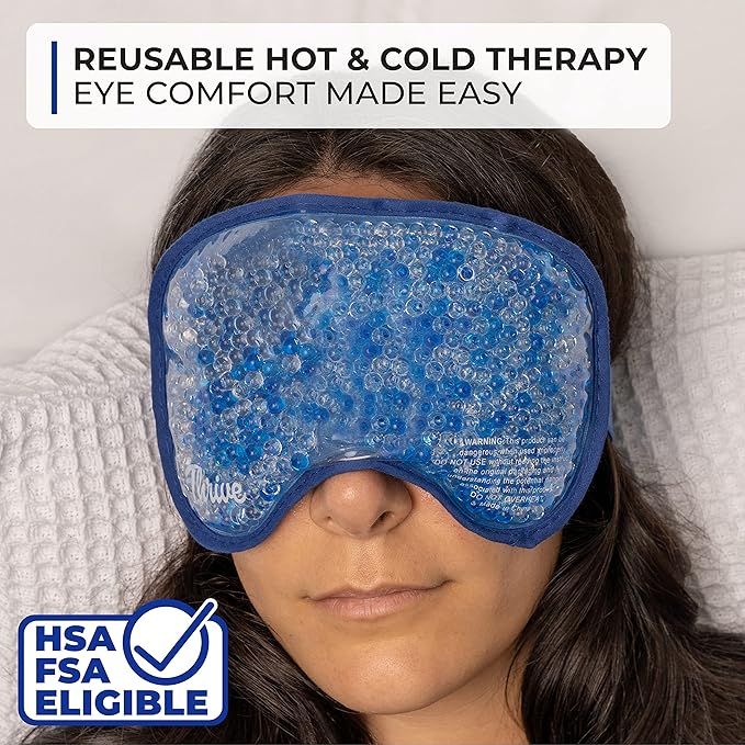 Thrive Gel Bead Eye Mask - Heated Eye Mask for Migraine Relief - Cold Compress for Puffiness & Dark Circles - Gel Ice Pack for Facial Relief - Azure, Pack of 1