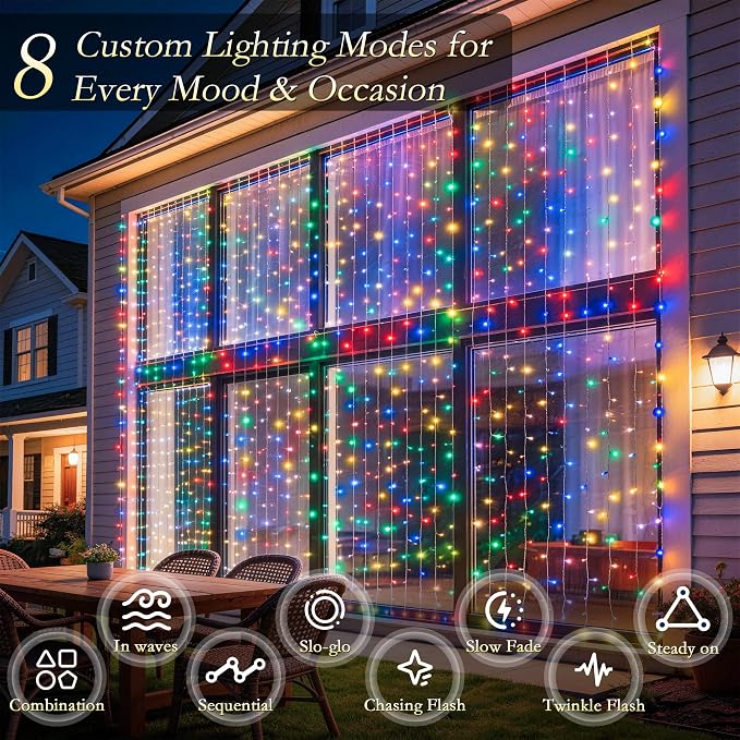 Curtain String Lights Indoor, 200LED 6.6 * 6.6FT USB Plug-in Window Curtain Lights with Timer and 8 Modes, Waterproof Multicolor Curtain Fairy Lights for Bedroom Room Wedding Outdoor Decor