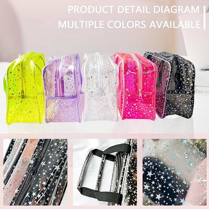 Hot Pink Star Large Cosmetic Bag 12x5x8 inch Travel Pouch with Handle,Durable PVC Material,Zipper Design-Ideal for Makeup,Travel Essentials