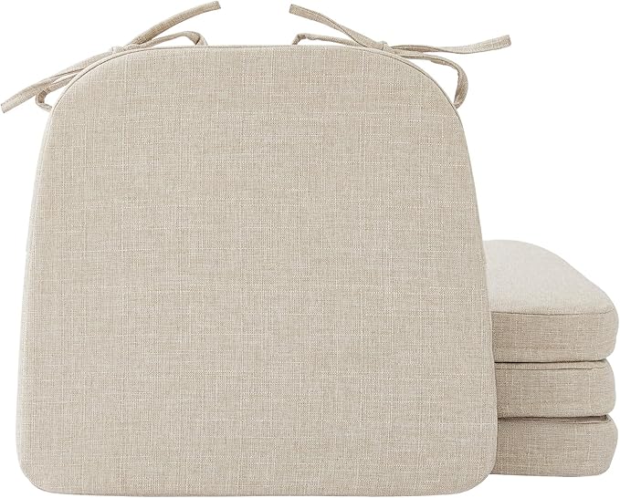 Chair Cushions for Dining Chairs, 2" Thick Seat Cushions for Kitchen Chairs, D-Shaped Chair Pads with Washable Cover, Ties and Non Slip Backing, 17'' x 16'', Set of 4, Beige