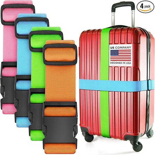Luggage Straps for Suitcases - TSA Approved - Mixed Colors, 4 PK - Premium Nylon Belts for Suitcase, Briefcase & Travel Bag - Adjustable Strap Length 46" - 78"