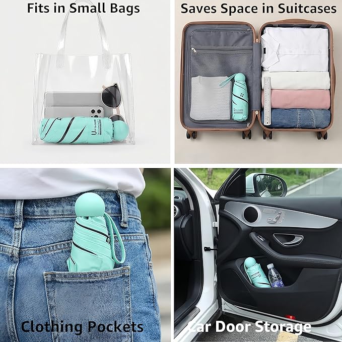 BAODINI Travel Essentials Mini Umbrella for Purse With Case Small Compact UV Sun Protection Lightweight Tiny Pocket Manual Open Close Umbrella for Women Kids and Men Fits Purse Backpack