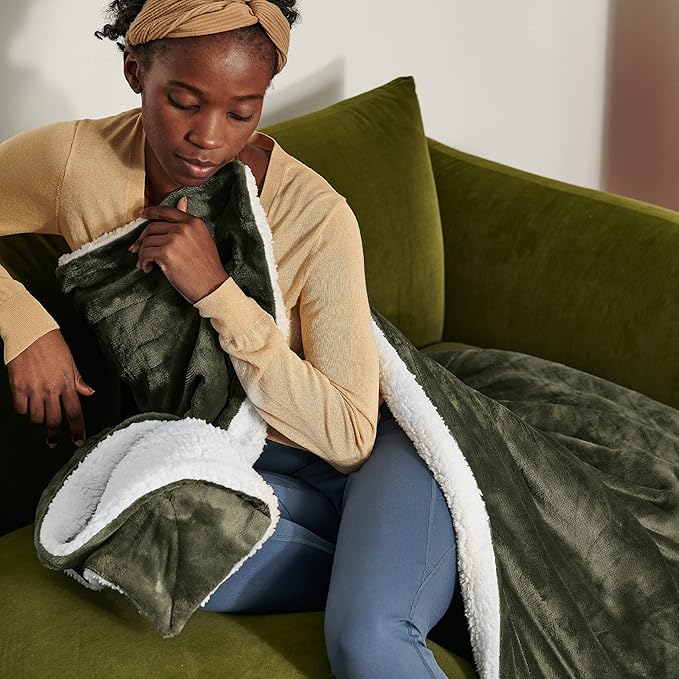Bedsure GentleSoft Sherpa Fleece Throw Blanket for Couch, Non-Heated, Thick and Warm Throw for Women and Men, Soft Fuzzy Plush Blanket for Winter, Olive Green, 50x60 Inches