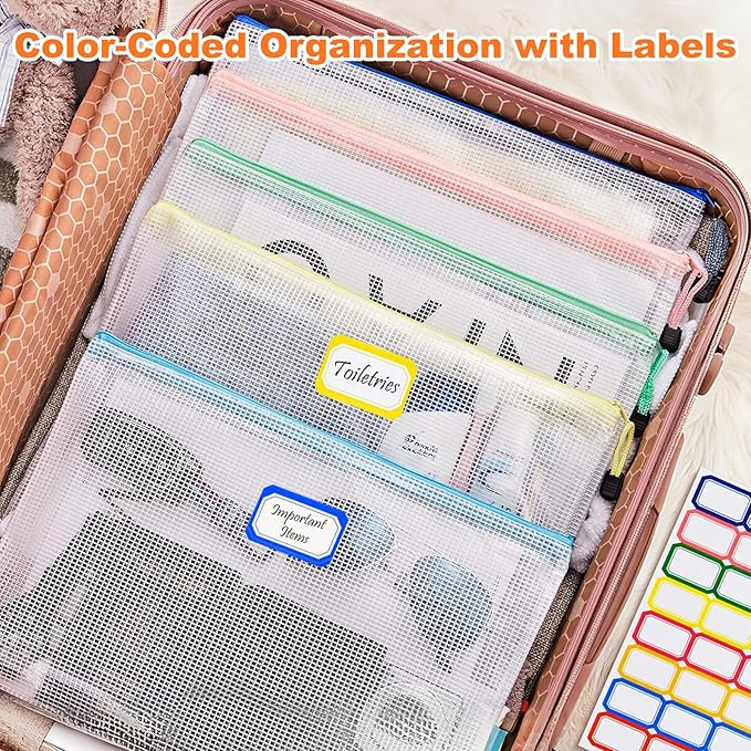 Mesh Zipper Pouch Bags: Clear Zipper Pouches for Classroom, Plastic Mesh Bag Letter Size Document Pouch, A4 Waterproof Organizing Pouch for School and Office Supplies (13.5 x 9.5Inch, 12PCS, 6 Color)