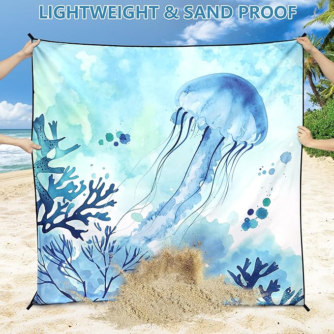 HIHOHO Beach Blanket Waterproof Sandproof Beach Mat for 1-8 Adults Quick Drying Durable Outdoor Picnic Mat for Beach Festival Travel Camping Hiking (Jellyfish, 79"×83"(4 Person))