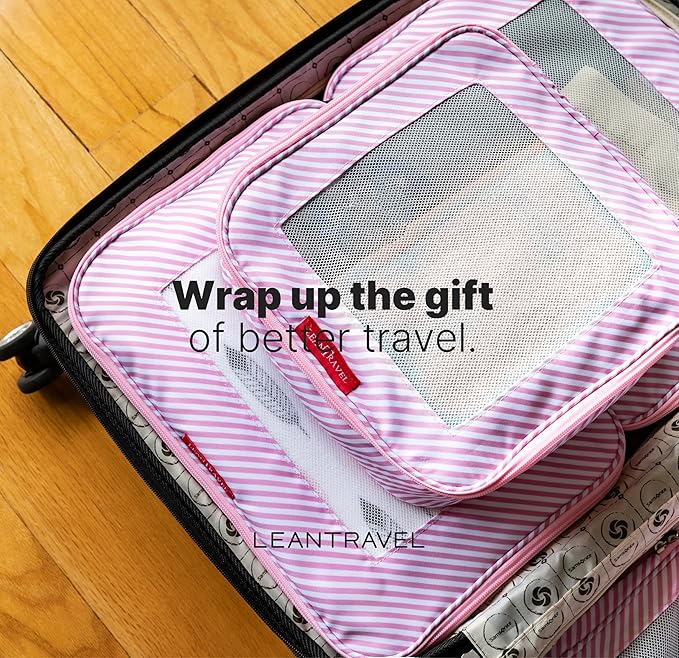 LeanTravel Premium Compression Packing Cubes for Travel - Suitcase Organizer Bags with Double Zipper & Breathable Mesh Panel - Space Saving Carry On Luggage Essentials (6-Pack, Pink Stripes)