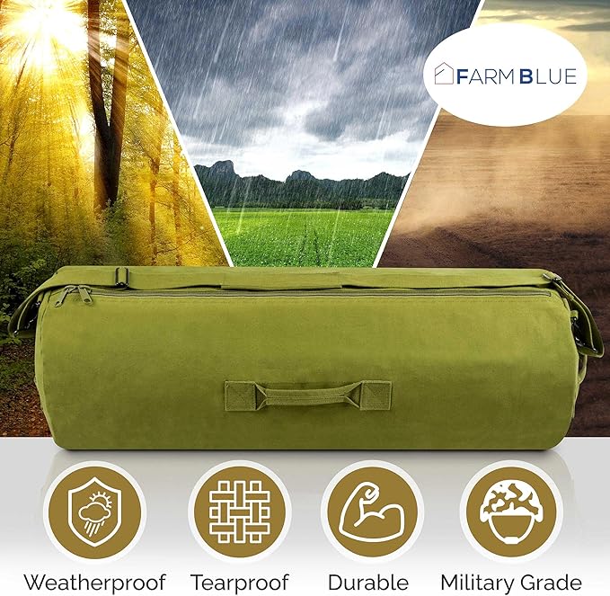 Farm Blue GI Style Zipper Duffle Bag Heavy Duty Army Duffle Bags - Military Grade Cotton Canvas Duffel Bag - Reinforced Camping Bag - Strong Zipper & Center Grab Handle (Olive Drab, Large)