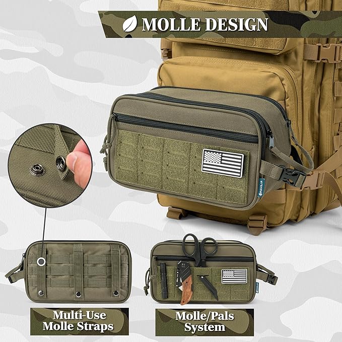 PAVILIA Extra Large Tactical Toiletry Bag for Men, Travel Hygiene Bag, Military Gear Dopp Kit, Molle Accessories Pouch, Shaving Grooming Essentials Gym Bathroom Shower Toiletries Tool EDC, Olive XL