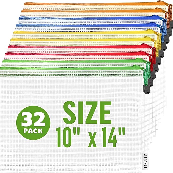 32 Pack Mesh Zipper Pouch Bags 10x14 inch - Mesh Storage Bags - Plastic Zipper Pouches for Organizing - Document Bags With Zippers - Letter Size Zippered Pouch - Document Pouches With Zippers