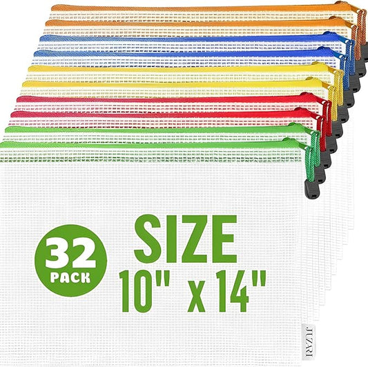 32 Pack Mesh Zipper Pouch Bags 10x14 inch - Mesh Storage Bags - Plastic Zipper Pouches for Organizing - Document Bags With Zippers - Letter Size Zippered Pouch - Document Pouches With Zippers