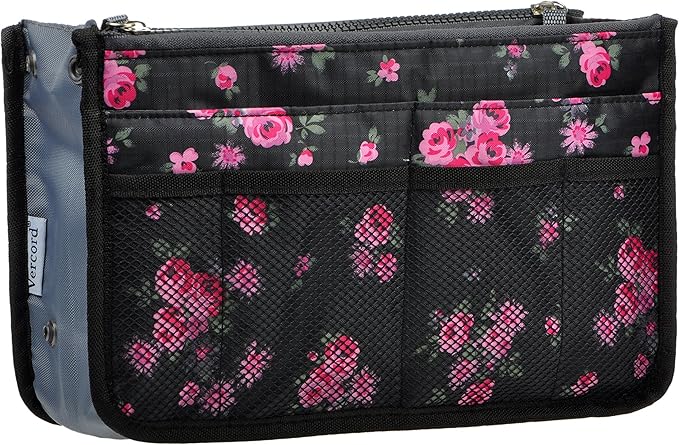 Vercord Purse Organizer Insert for Handbags Bag Organizers Inside Tote Pocketbook Women Nurse Nylon 13 Pockets Black Red Flower Large