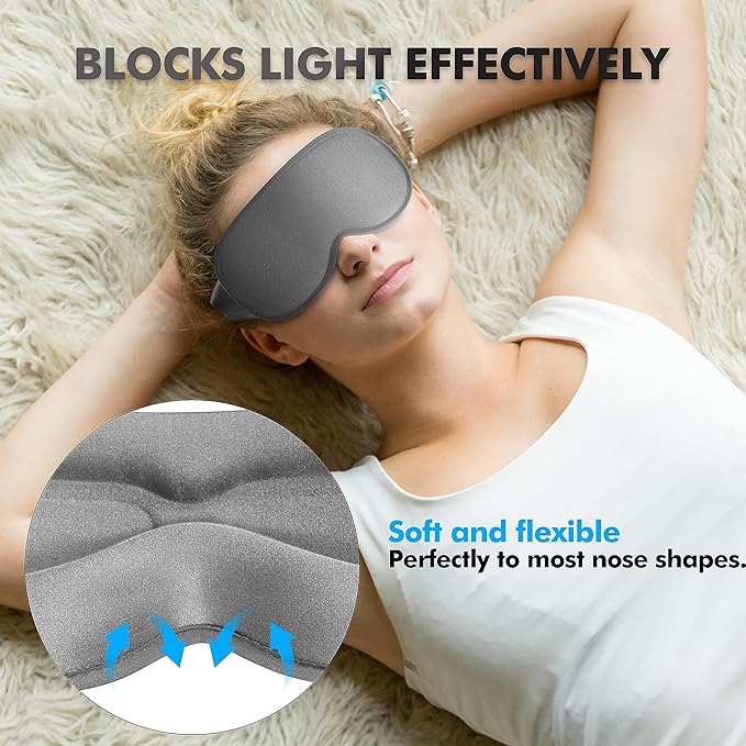 Sleep Eye Mask for Men Women, Sleeping Mask for Side Sleeper, Travel Blackout Night Blindfold Eye Shade Cover with Adjustable Strap (Grey-Side Sleeper)