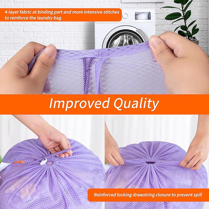 Polecasa Heavy Duty Diamond Large Mesh Laundry Bag with ID Tag and Locking Drawstring Closure - 24 x 36 inches - Laundry Hamper Liner, Washable Laundry Bags for Travel, Sports, Dorms (Purple)