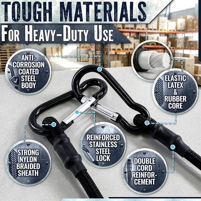 18 Inch Bungee Cords Heavy Duty Outdoor Set of 4 – 200 Lbs Load, UV Resistant, Latex & Braided Rubber Bungee Straps with Hooks from Anti-Rust Steel | Camp, Car, RV, Kayak, Outdoor & Home Use