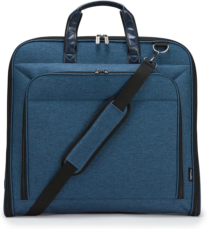 Amazon Basics Carry-On Garment Bag for Travel and Business Trips with Detachable Shoulder Strap, Hanging Suit Luggage, Wrinkle Free Cover for Suits Dresses Coats, Foldable with Shoe Compartment, Navy
