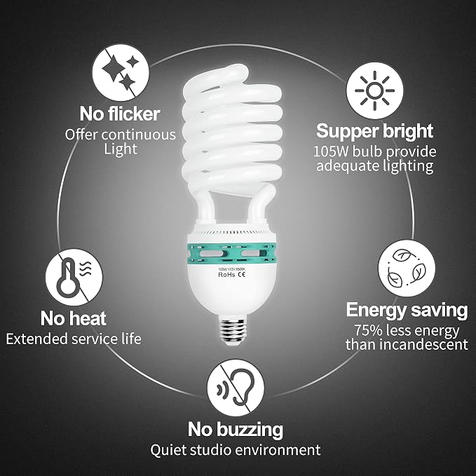 EMART Full Spectrum Light Bulb, 105W CFL Light Bulbs for Photography 4Pack | 5500K E26/E27 Spiral Light Bulbs for Softbox Lighting Kit, Replacement Lamp for Video Studio, Household Use, Portrait Photo