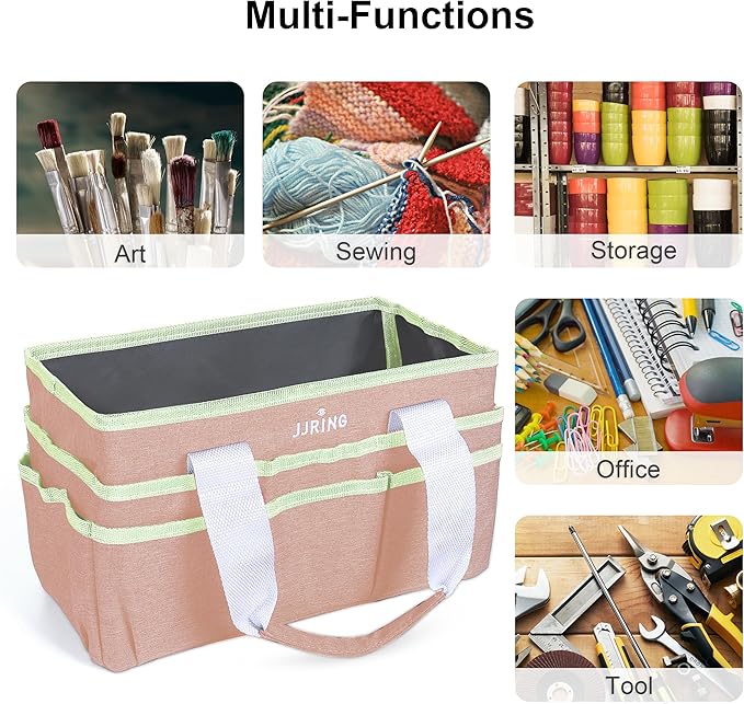 JJRING Craft Organizer Tote Bag, Art Storage Caddy with Multiple Pockets, Beige Sewing Bag for Art, Craft, Scrapbooking, School, Medical, and Office Supplies Storage