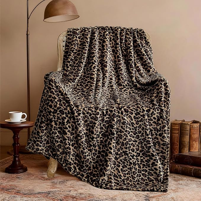 Leopard Print Blanket Fleece Throw for Bed Sofa Travel and Camping, Super Soft Cozy Fluffy Plush Cheetah Print Blanket for All Seasons 50"x60" (Mocha Brown)
