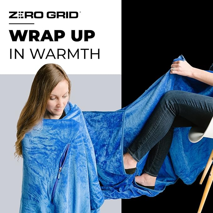 Zero Grid Lightweight Travel Blanket – Premium Compact Wearable Airplane Blanket with Neck Snaps, Cozy Foot Pockets, Zipper Pouch, converts to Soft Pillow for Ultimate Comfort - Royal Blue