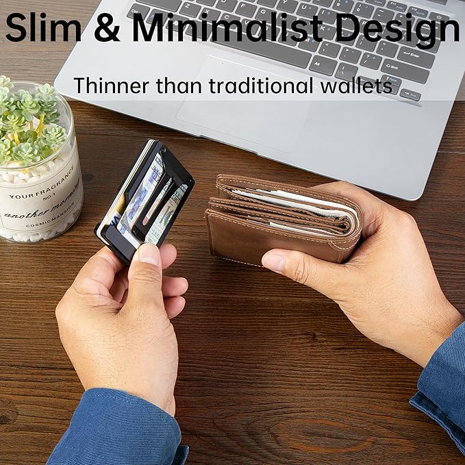 Carbon Fiber Minimalist Wallet for Men Credit Card Holder Money Clip & Cash Strap Slim RFID Mens Wallets(Matte Black)