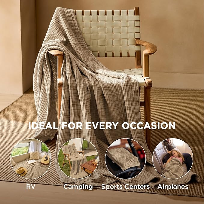Bedsure 100% Cotton Muslin Blankets for Adults Large Throw 50x70 Inches - 4-Layer Breathable and Lightweight, Soft Boho Gauze Muslin Cotton Blanket for Couch Decor Travel Summer, Light Brown