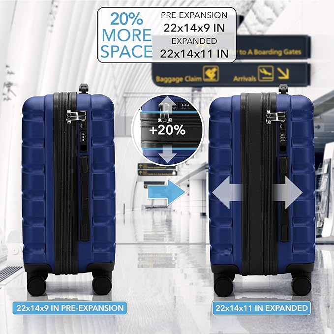 Flight Knight 22x14x9" Expandable Carry On Suitcase Hardside TSA Lock USB C Port Lightweight Luggage Silent Double Spinner Wheels Maximum Overhead Carry-On Bag For American & United Approved Airlines