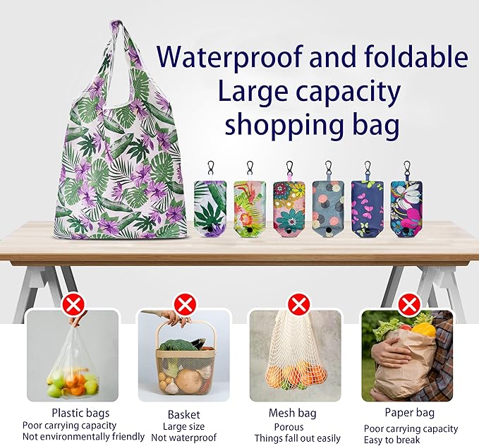 HIQU and HIST 6 Pcs Reusable Shopping Bags, Foldable Grocery Bags in Pocket, Eco-friendly Travel Recycle Shopping Bags,Waterproof and Machine Washable, for Daily Shopping Supplies load
