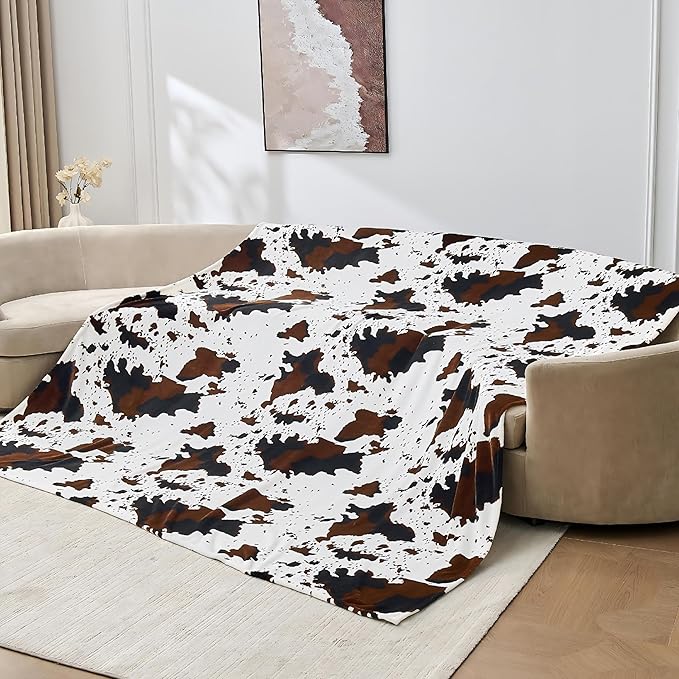 Bnuitland Cow Printed Fleece Flannel Throw Blanket, 300 GSM Double Sided Fuzzy Fluffy Blanket for Bed Sofa Couch Travel, Super Soft Lightweight for Adults and Kids, 90×90 inch