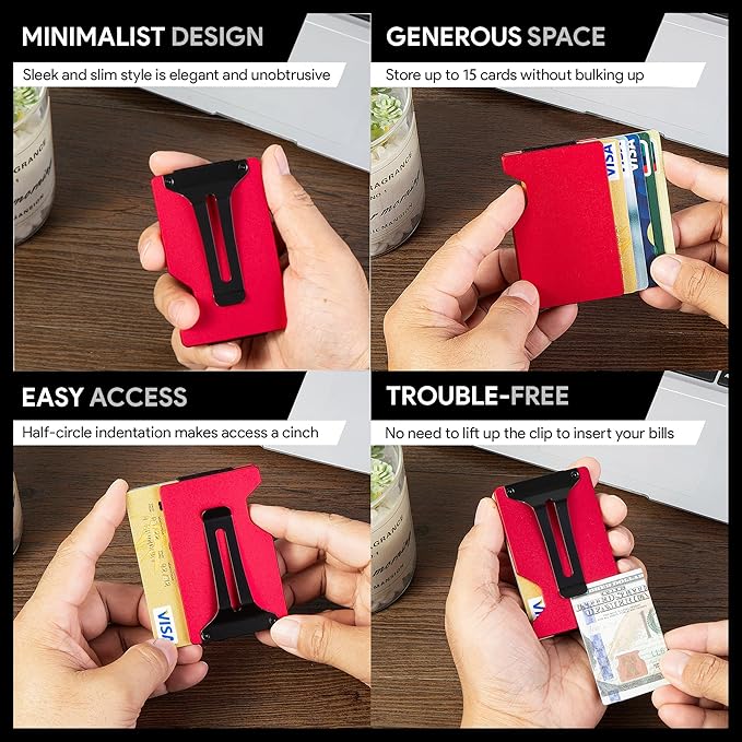 Carbon Fiber Minimalist Wallet for Men Credit Card Holder Money Clip & Cash Strap Slim RFID Mens Wallets(Matte Red)