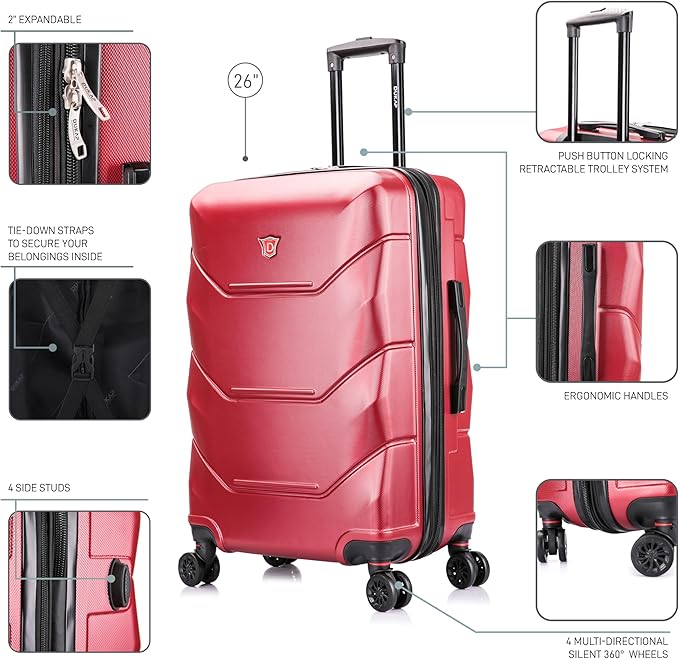 DUKAP ZONIX Luggage with Spinner Wheels | Durable Lightweight Hardside Suitcase, Spacious Travel Bag with Handle and Trolley | 26 Inch Medium Checked Luggage | Wine