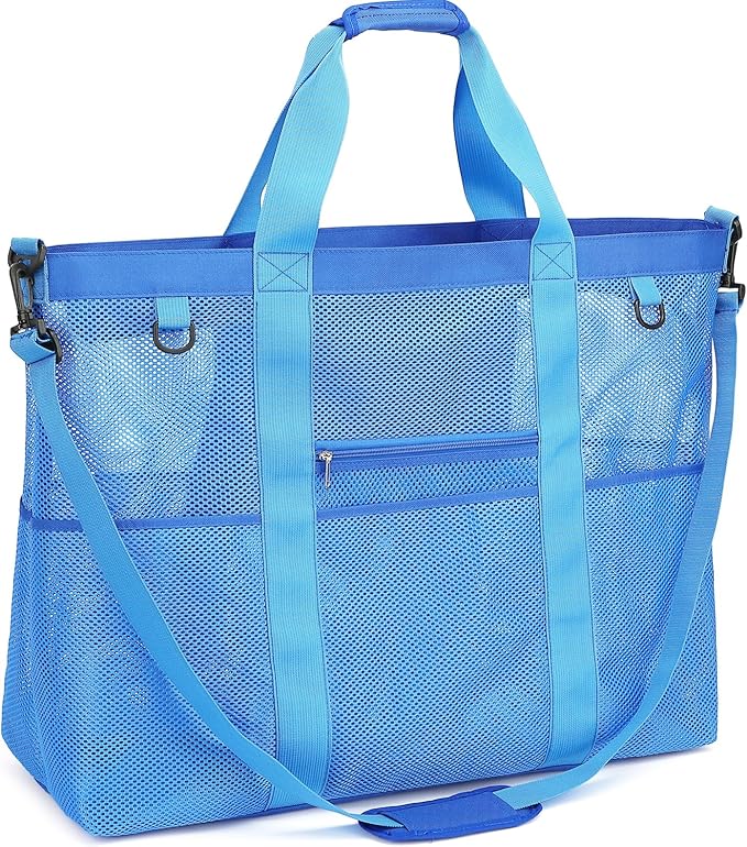 Fammart Mesh Beach Bag, Large Beach Tote with Zipper Pocket, Toys Pool Bag for Family Travel Vacation Cruise Essentials
