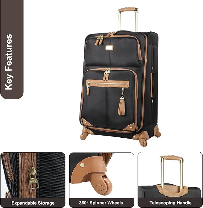 Steve Madden Designer Luggage Collection - Lightweight 24 Inch Expandable Softside Suitcase - Mid-size Rolling 4-Spinner Wheels Checked Bag (Harlo Black)