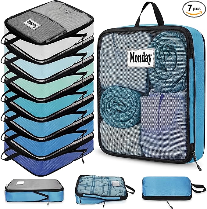 7 Pcs Packing Cubes for Travel Large Days of Week Compression Packing Cube with Labels Luggage Organizers Storage Bag(Blue)